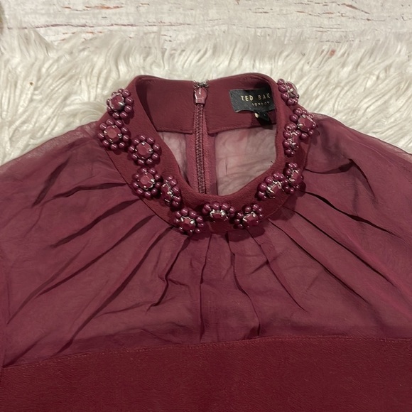 Ted Baker Cacey Embellished Neck Sheer Long Sleeve Maroon Sheath Dress - Picture 10 of 11